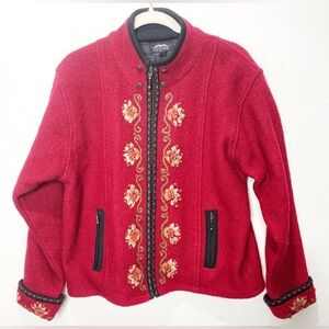 Icelandic Design Red Boiled Wool Floral Embroidered Zip Front Cardigan Jacket
